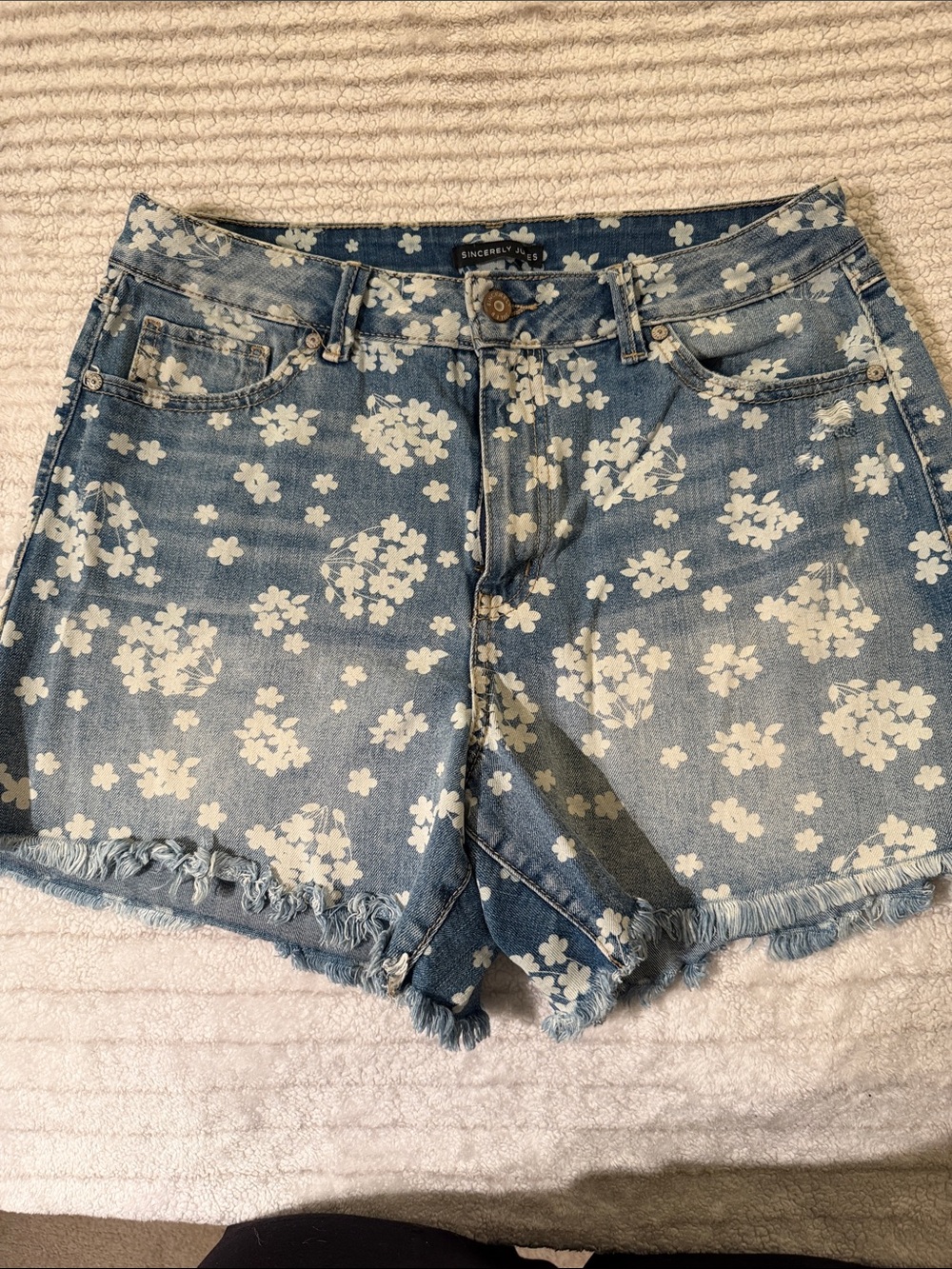 Sincerely Jules Light Blue distressed Floral Denim Shorts